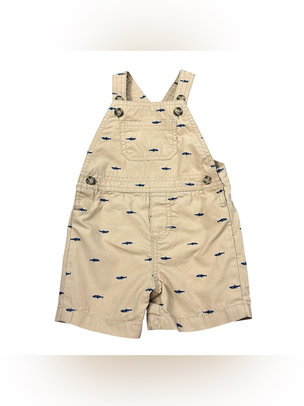 Carter’s Baby Boys 9M Khaki Shortalls Navy Fish Print Cotton Overall Romper